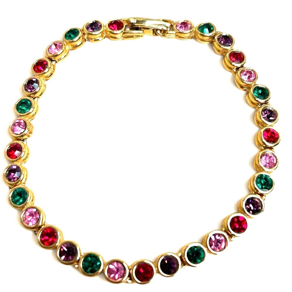 Vintage Gold Tone Multi Color Crystal Bezel Link Tennis Bracelet 1980s